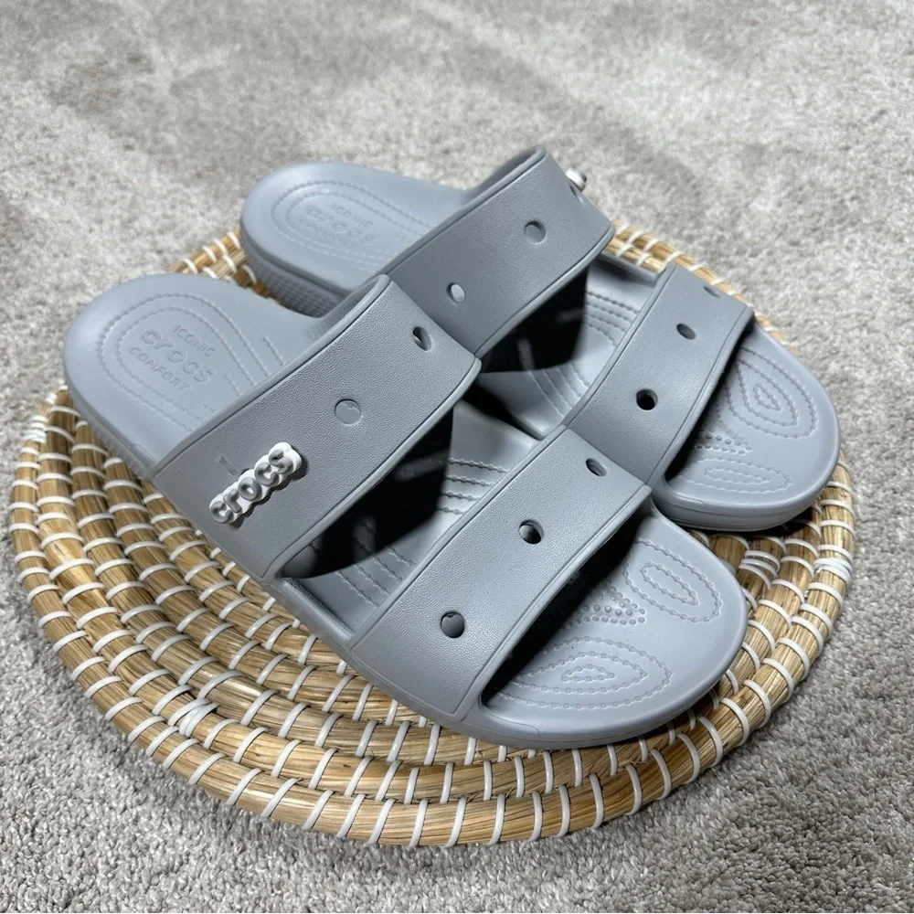 Crocs Men’s Classic Smiley Sandal Slip On Slippers Two Straps in Light Gray 11